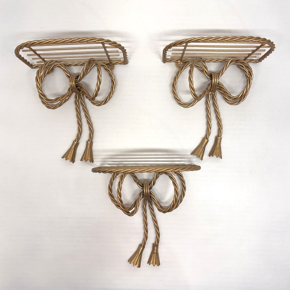 Set of 3 Vintage Gold Metal Bow and Tassel Wall Shelves Hollywood Regency Decor